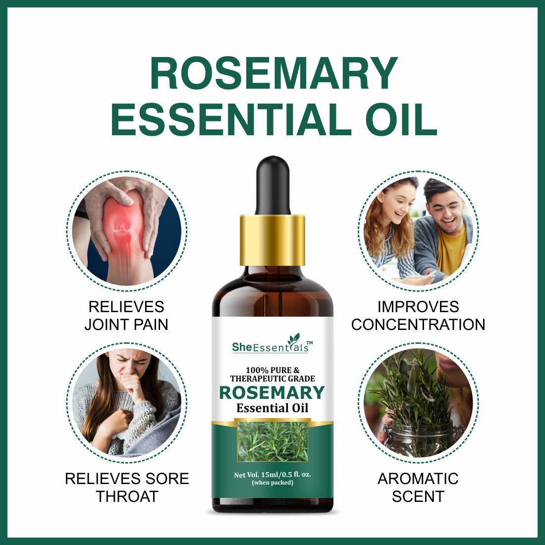 She Essentials Rosemary, Rose & Tea Tree Essential Oil For Hair Growth, Acne, Skincare & Haircare