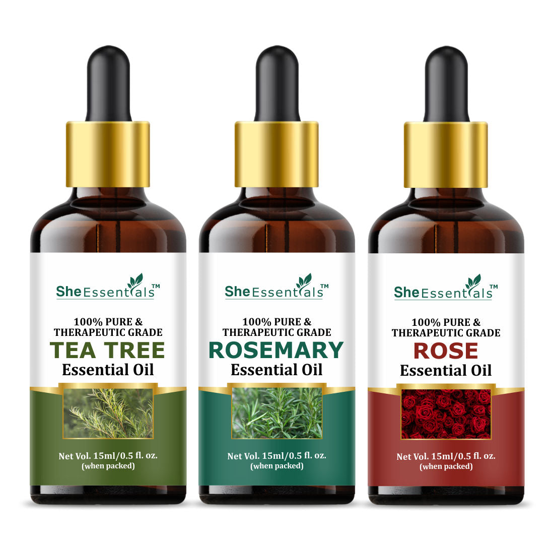 She Essentials Rosemary, Rose & Tea Tree Essential Oil For Hair Growth, Acne, Skincare & Haircare