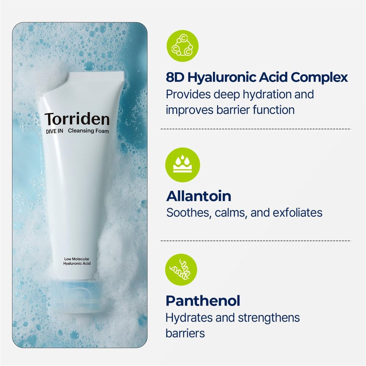 Torriden Dive In Cleansing Foam - Gentle Hydrating Korean Hyaluronic Acid Cleanser, All Skin Types