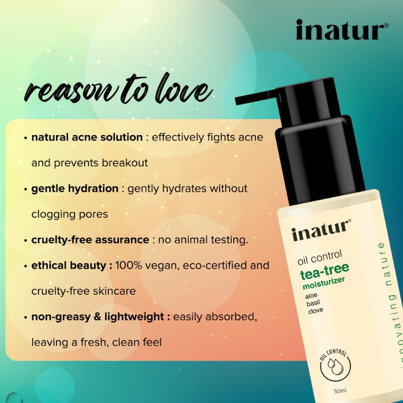 inatur Tea Tree Gel, Non-Sticky Moisturizer, with Neem, Aloe Vera, for Oily, Acne-Prone Skin
