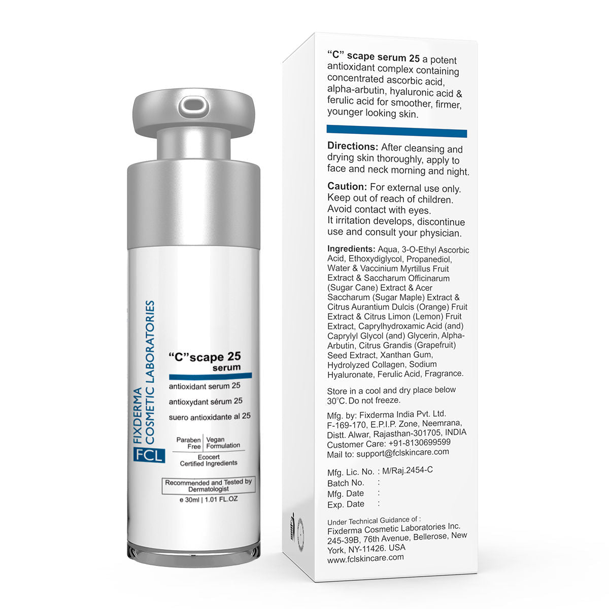 FCL 25% Vitamin C Face Serum & Hyaluronic Acid Serum, Reduces Wrinkles & Age Spots