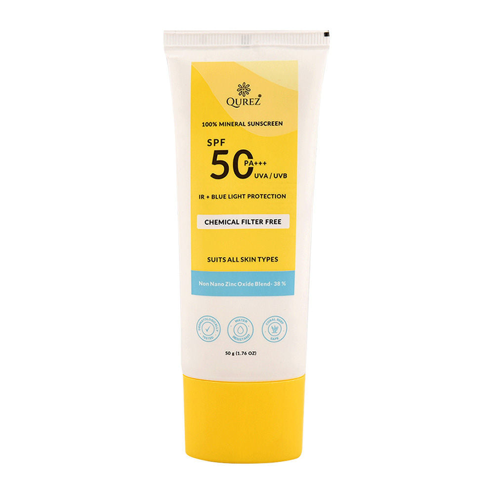 Qurez Mineral Sunscreen SPF 50 PA+++, Blue Light & IR Protection, Water Resistant