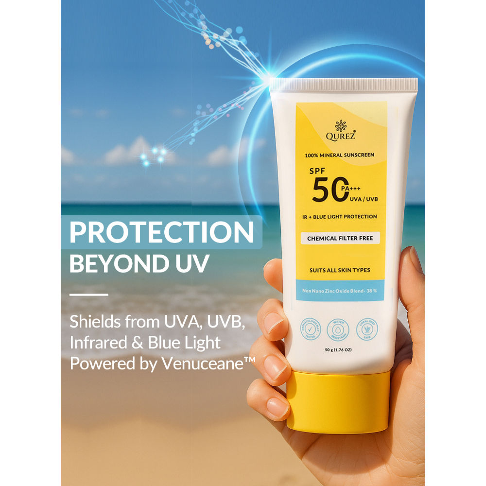 Qurez Mineral Sunscreen SPF 50 PA+++, Blue Light & IR Protection, Water Resistant