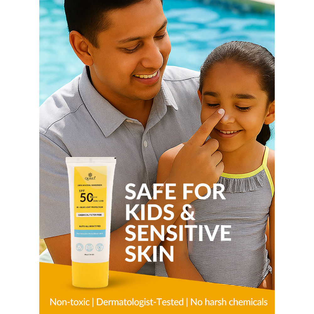 Qurez Mineral Sunscreen SPF 50 PA+++, Blue Light & IR Protection, Water Resistant
