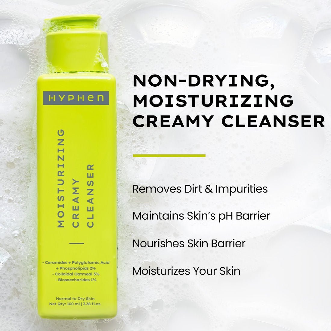 Hyphen Moisturizing Cream for Dry Skin 2% Ceramides + Polyglutamic Acid Gentle Cleanser