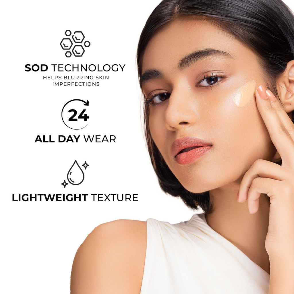 Lovechild Masaba Skip Everything Serum Skin Tint SPF 20, Liquid Foundation for all Skin type, with In-Built Brush, Enriched with Vitamin E for anti-ageing benefits