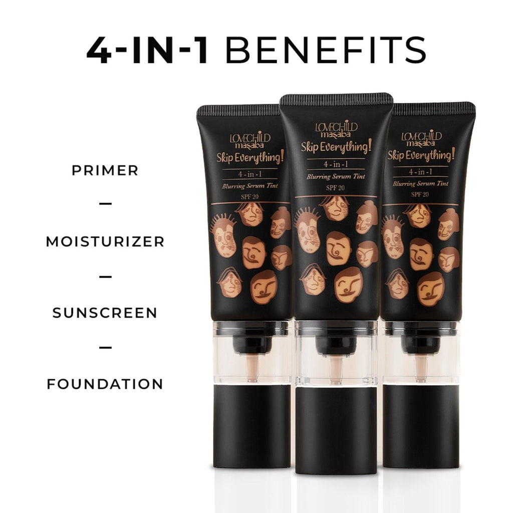 Lovechild Masaba Skip Everything Serum Skin Tint SPF 20, Liquid Foundation for all Skin type, with In-Built Brush, Enriched with Vitamin E for anti-ageing benefits
