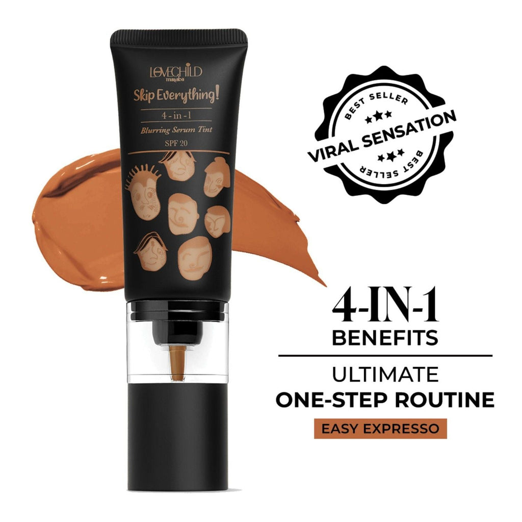 Lovechild Masaba Skip Everything Serum Skin Tint SPF 20, Liquid Foundation for all Skin type, with In-Built Brush, Enriched with Vitamin E for anti-ageing benefits
