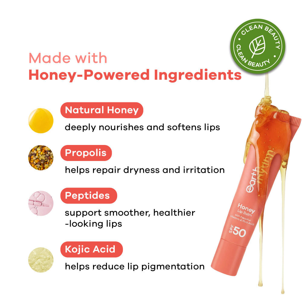 Earth Rhythm Honey Lip Balm Spf 50 Brightens Lips With Propolis, Peptides & Kojic Acid