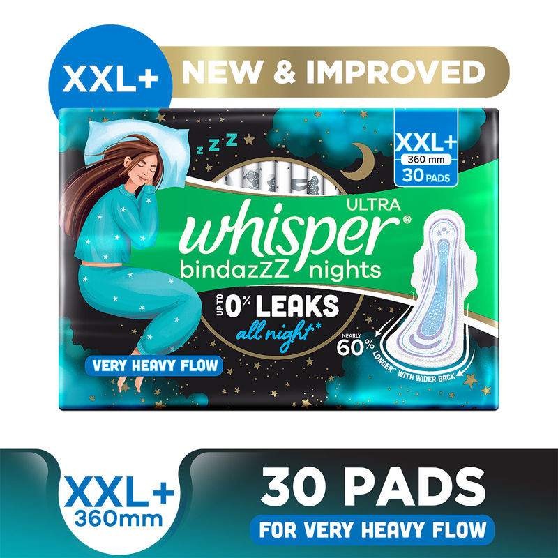 Whisper Bindazzz Nights Xxl+ Sanitary Pads, Upto 0% Leaks All Night Long