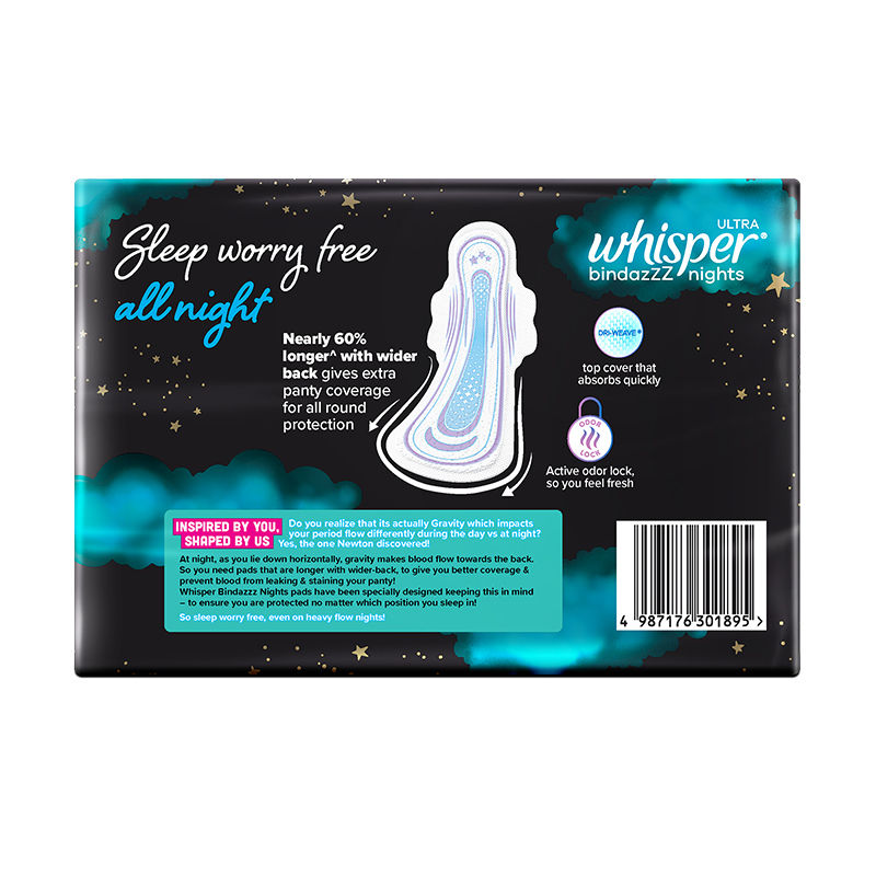 Whisper Bindazzz Nights Xxl+ Sanitary Pads, Upto 0% Leaks All Night Long
