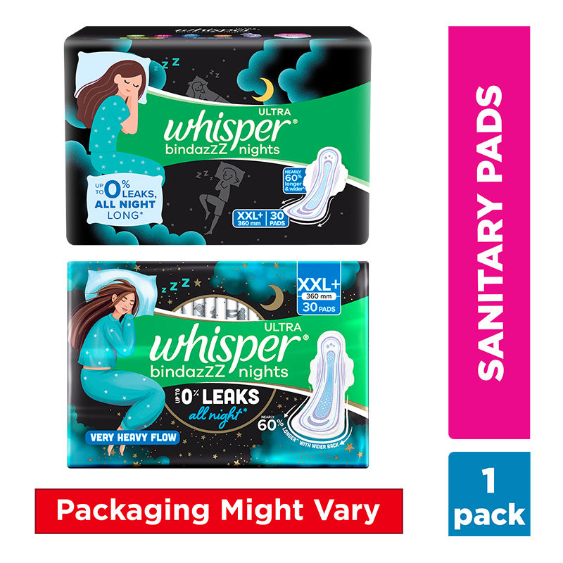 Whisper Bindazzz Nights Xxl+ Sanitary Pads, Upto 0% Leaks All Night Long