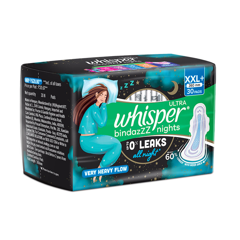Whisper Bindazzz Nights Xxl+ Sanitary Pads, Upto 0% Leaks All Night Long