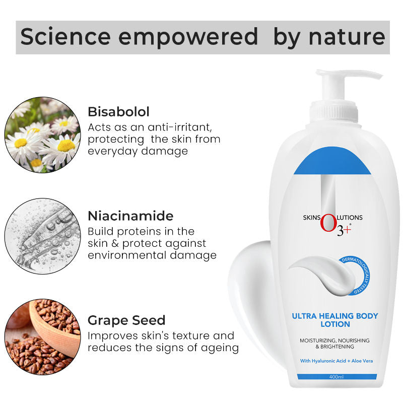 O3+ Ultra Healing Brightening Body Lotion Moisturiser With Hyaluronic Acid & Aloe Vera