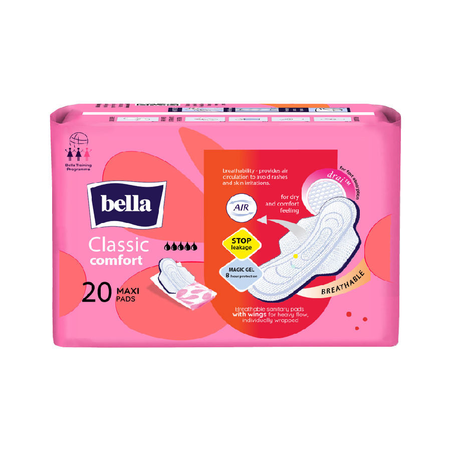Bella Classic Comfort Maxi Drai, Breathable Sanitary Pads with Wings, Heavy Flow (20 Pcs)