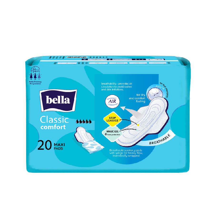 Bella Classic Comfort Maxi Softi, Breathable Sanitary Pads with Wings, Heavy Flow (20 Pcs)