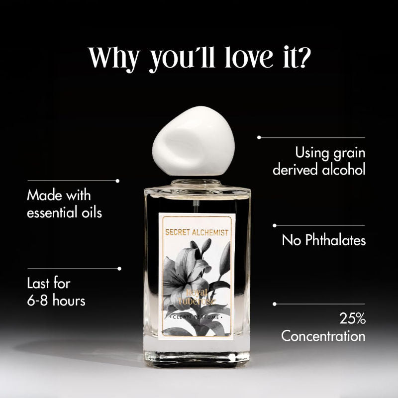 Secret Alchemist Royal Tuberose Clean Perfume for Women with Rose & Sandalwood, Everyday