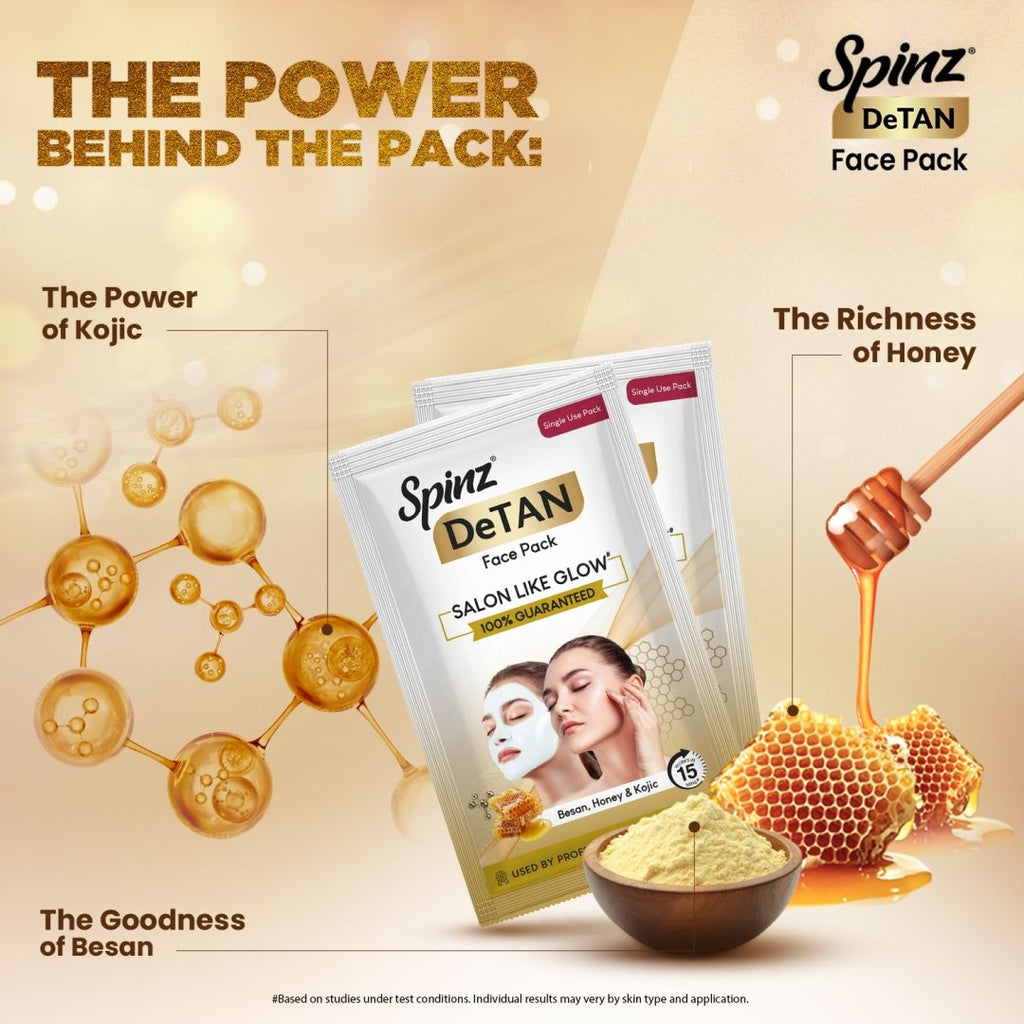 Spinz DeTan Face Pack Tan Removal Cream with Kojic, Besan & Honey - 12g x 6