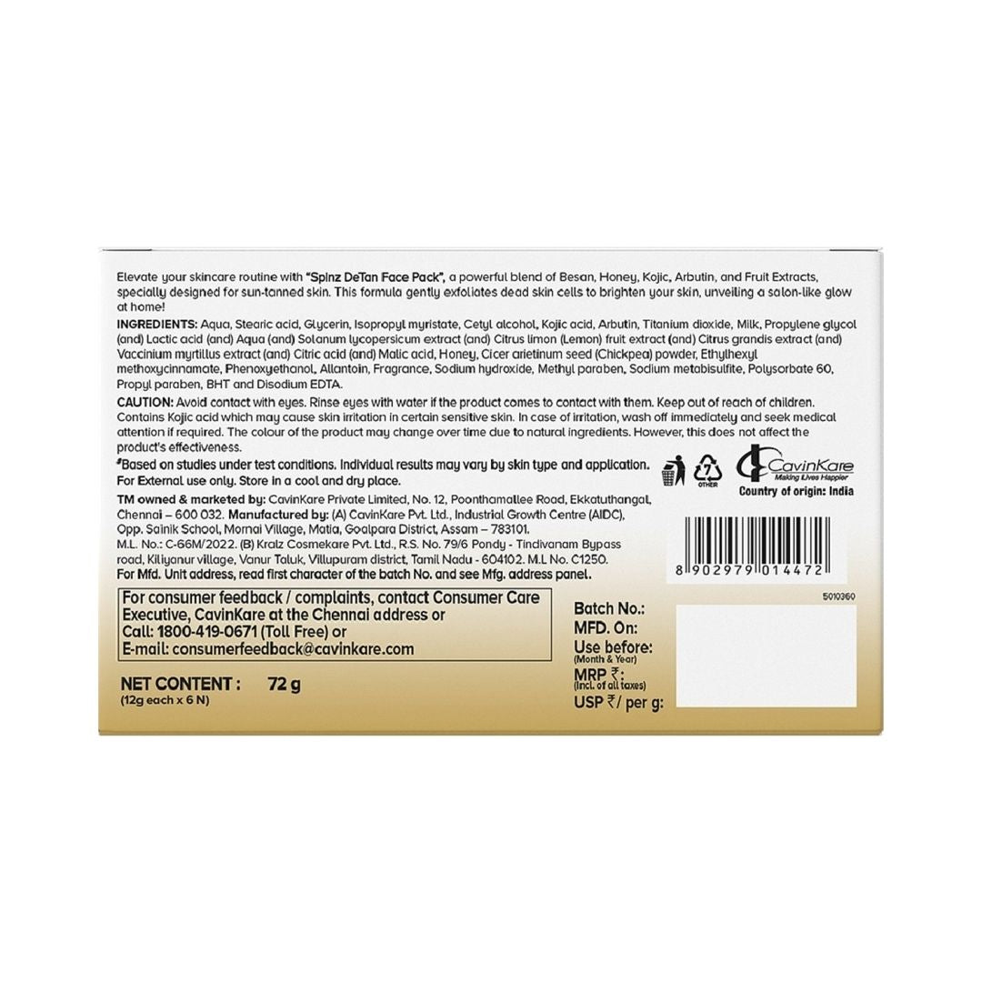 Spinz DeTan Face Pack Tan Removal Cream with Kojic, Besan & Honey - 12g x 6