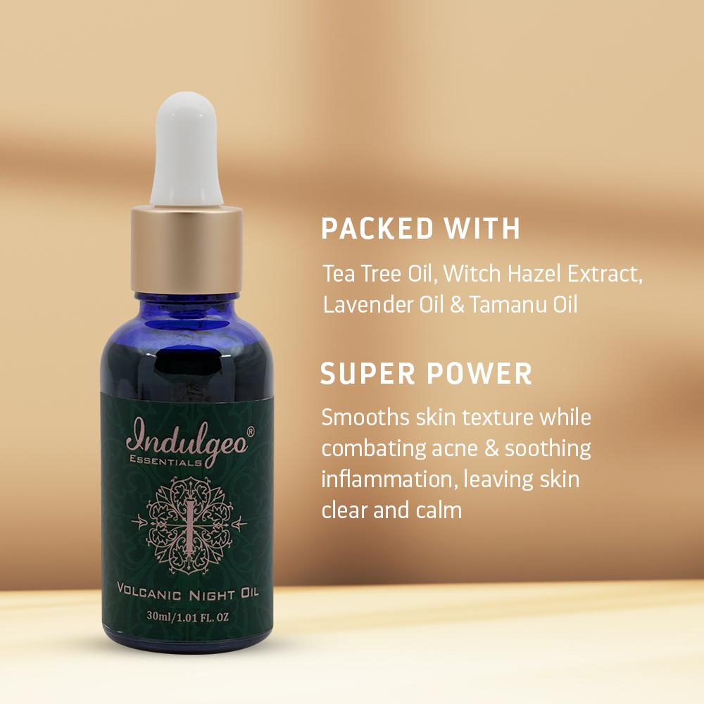 Indulgeo Essentials Volcanic Night Oil For Oily Acne Prone Skin With Tamanu Oil