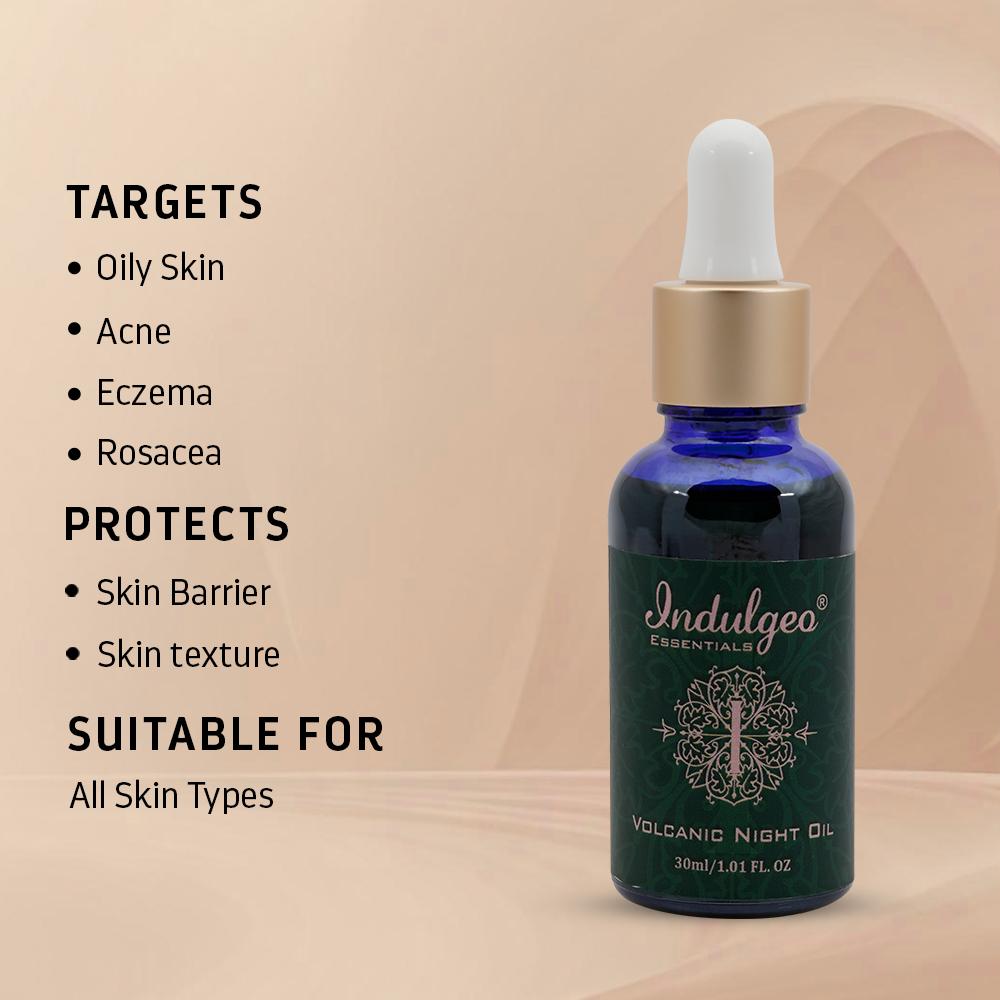 Indulgeo Essentials Volcanic Night Oil For Oily Acne Prone Skin With Tamanu Oil
