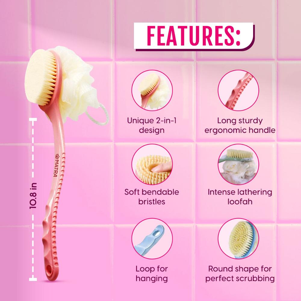 Matra Back Bath Brush 2-in-1 Back Scrubber Loofah for Deep Cleansing & Exfoliation with Long Handle