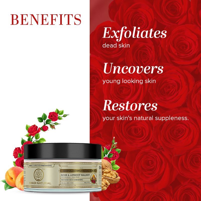 Khadi Natural Rose & Apricot Walnut Facial Scrub Reduce Wrinkles & Blackheads
