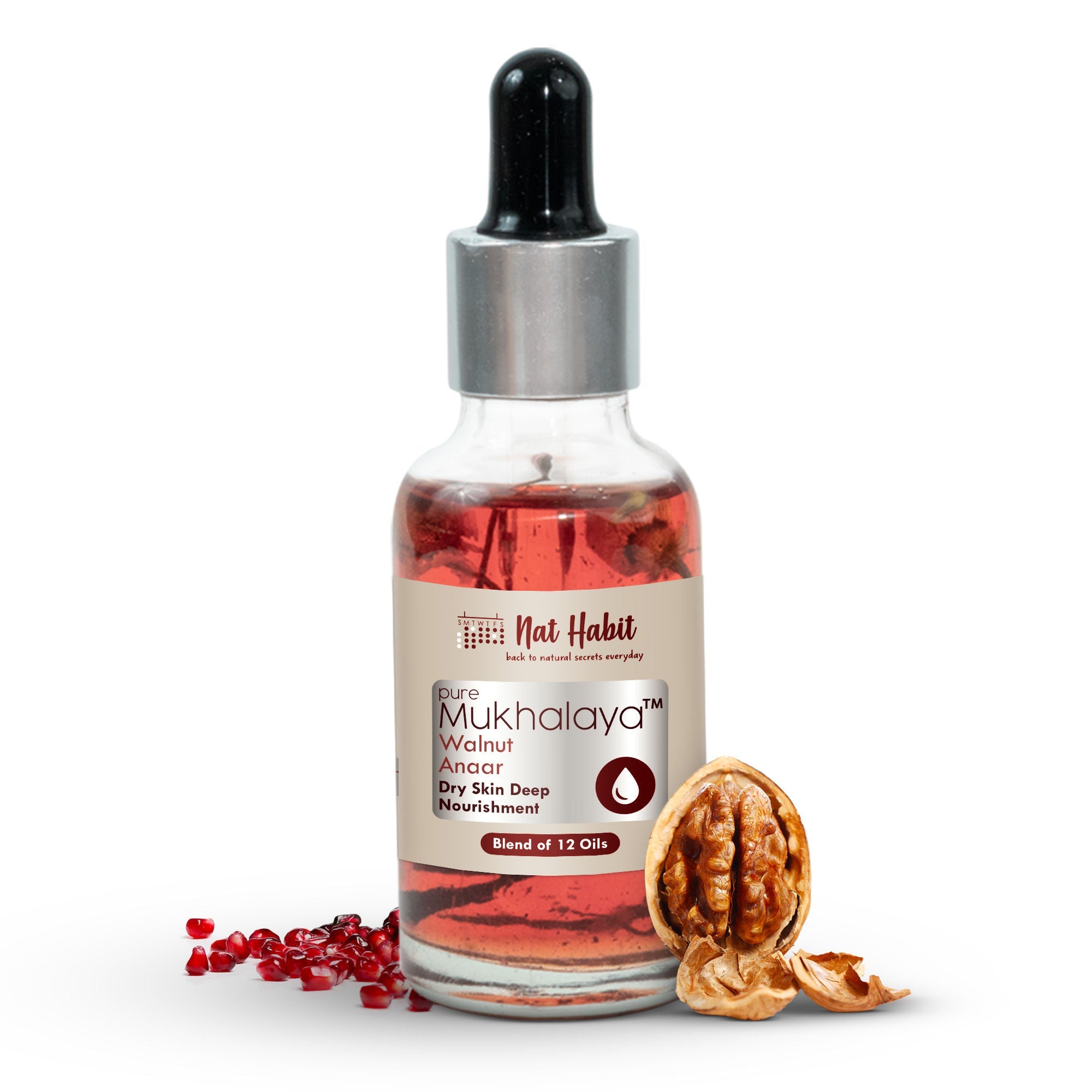 Nat Habit Pure Walnut Anaar Face Oil For Dry Skin, Deep Nourishment Facial Oil Mukhalaya & Wheatgerm