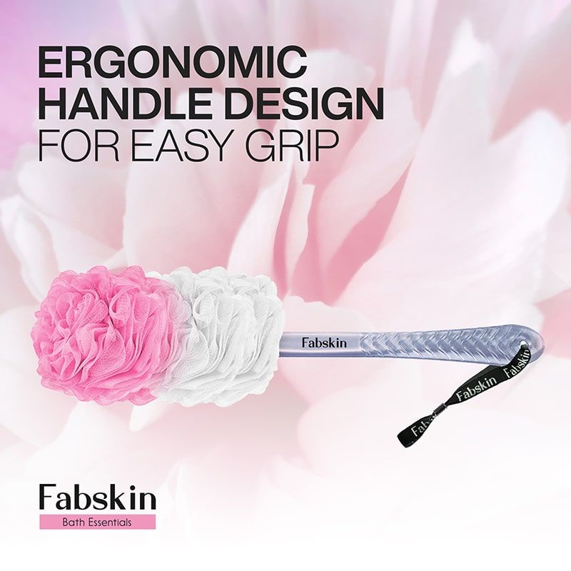 Fabskin Loofah Duo Pack- Bath Brush With Long Handle & Round Loofah- For Men & Women- Pink & White
