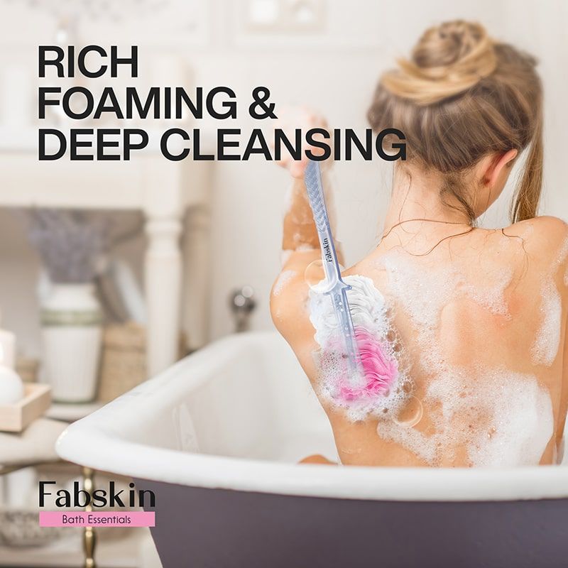 Fabskin Loofah Duo Pack- Bath Brush With Long Handle & Round Loofah- For Men & Women- Pink & White