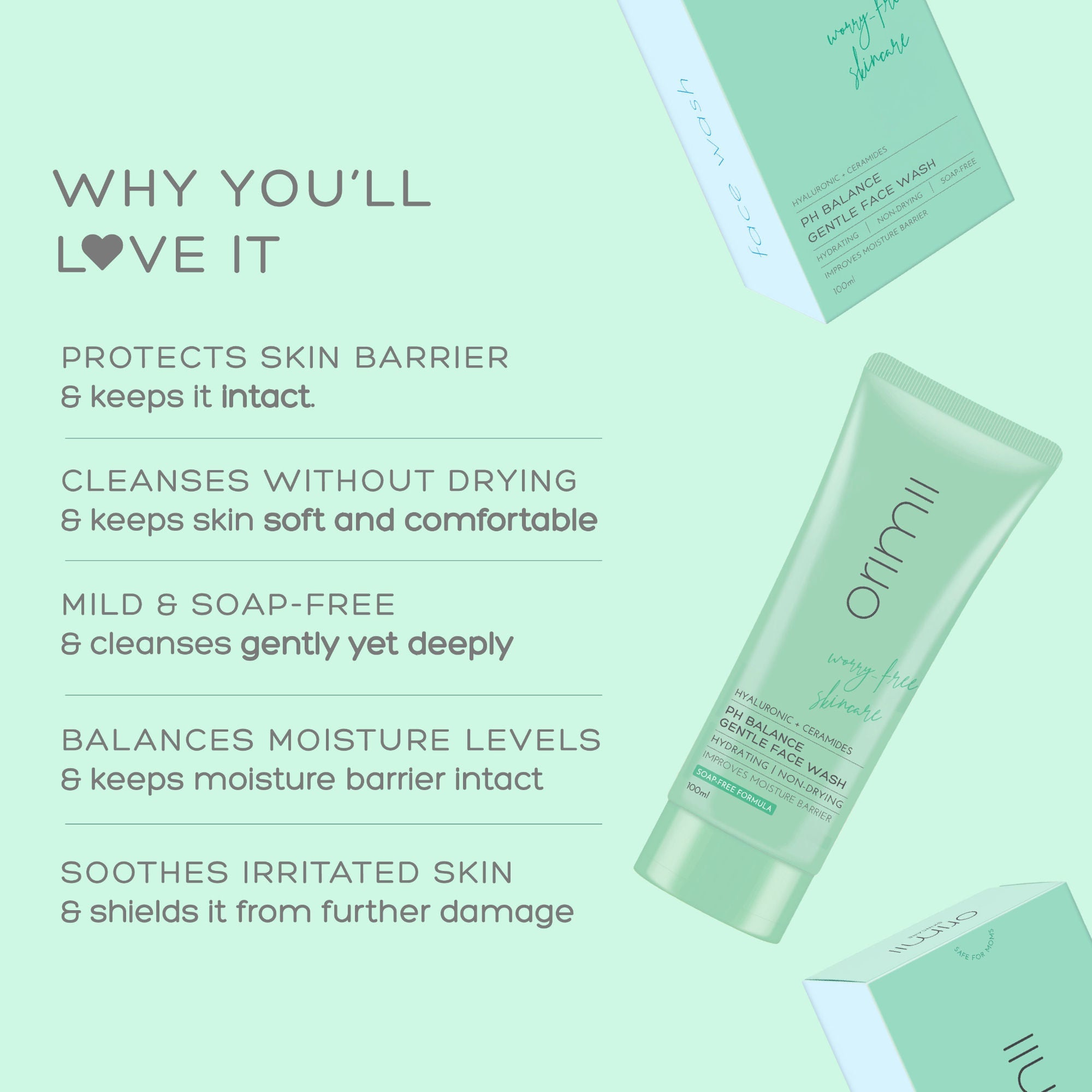 Orimii Hyaluronic + Ceramides PH Balance Gentle Face Wash - Non-Comedogenic, Pregnancy Safe