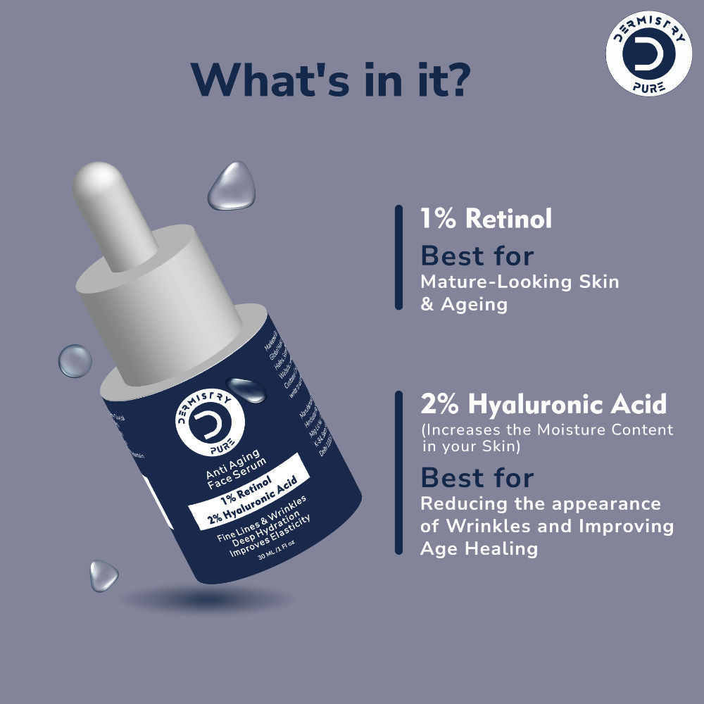 DERMISTRY 1% Retinol Hyaluronic Acid Anti Aging Day Night Face Serum For Ageing Dark Circle Wrinkles