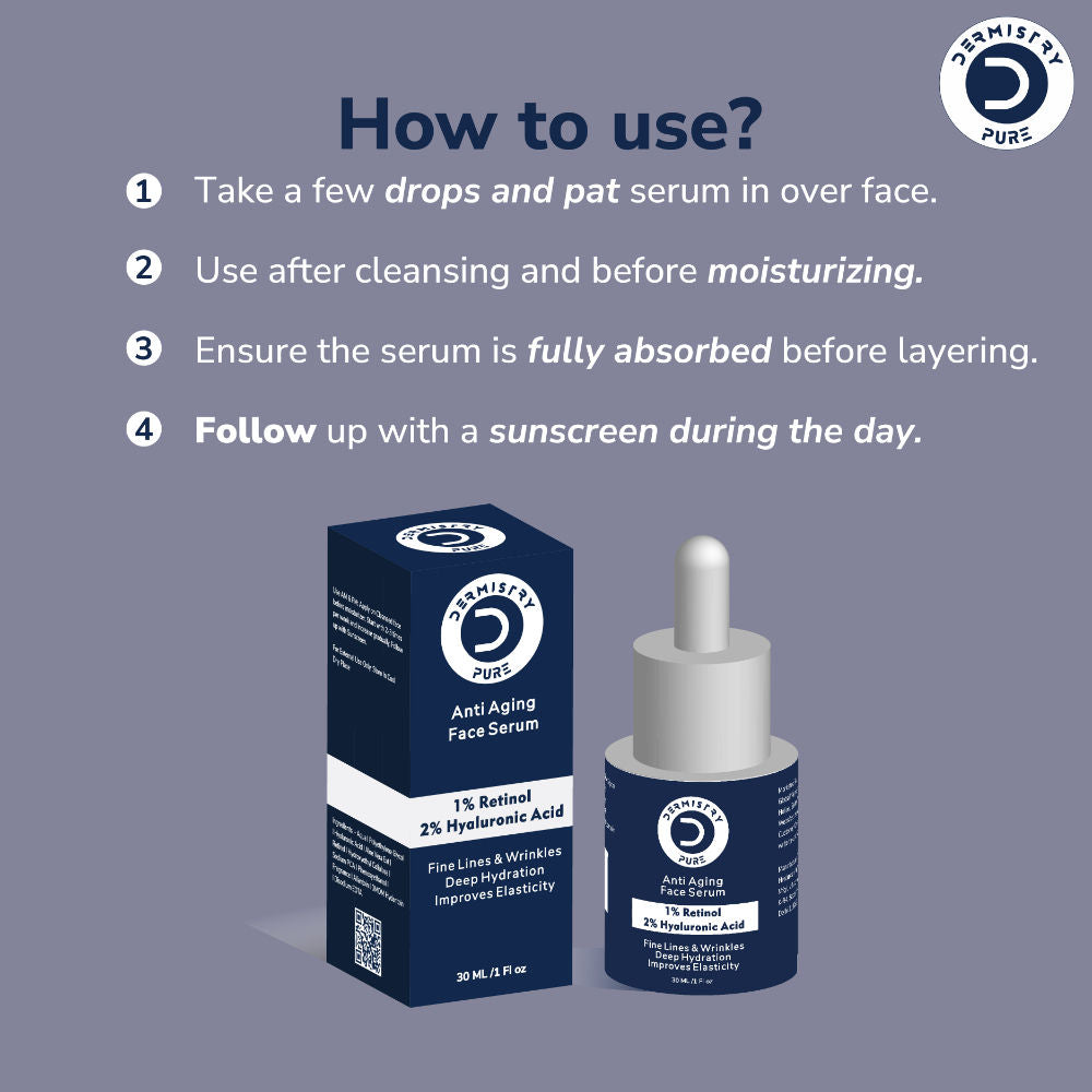 DERMISTRY 1% Retinol Hyaluronic Acid Anti Aging Day Night Face Serum For Ageing Dark Circle Wrinkles