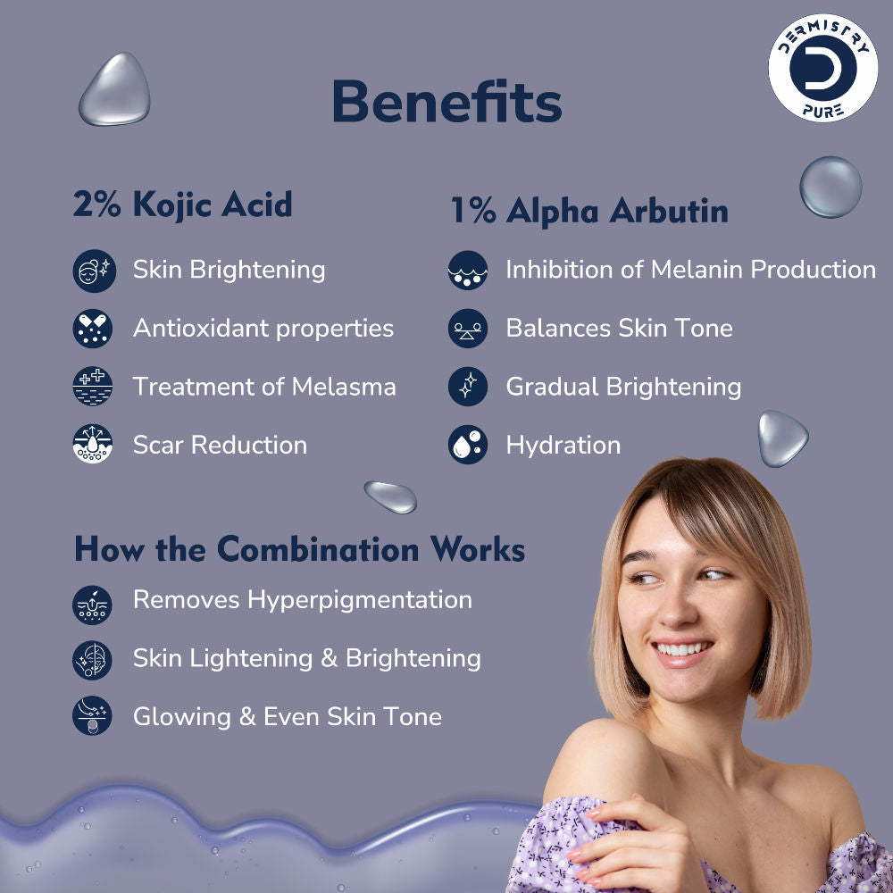 DERMISTRY 2% Kojic Acid Alpha Arbutin Face Serum Pigmentation Removal Lightening Whitening Fairness