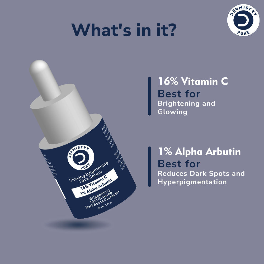 DERMISTRY 16% Vitamin C 1% Alpha Face Serum For Dark Spots Dull Skin Tone Glowing Skin Fairness