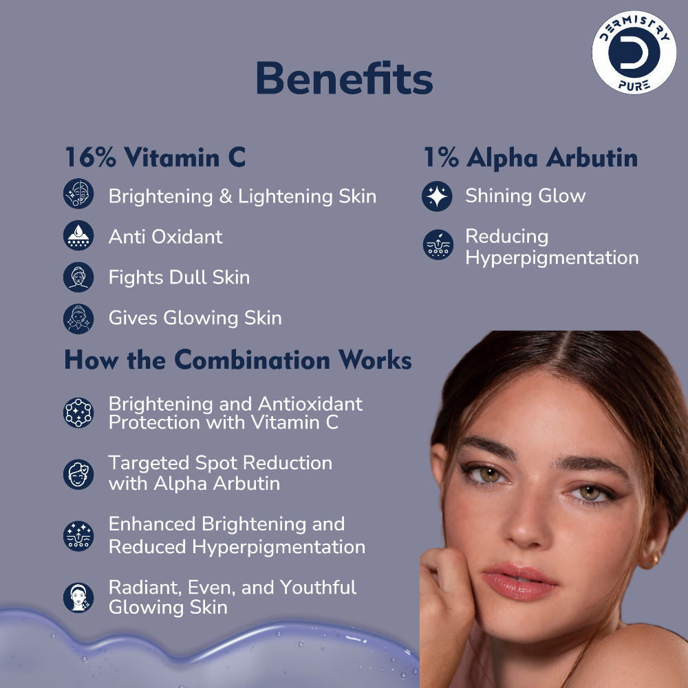 DERMISTRY 16% Vitamin C 1% Alpha Face Serum For Dark Spots Dull Skin Tone Glowing Skin Fairness