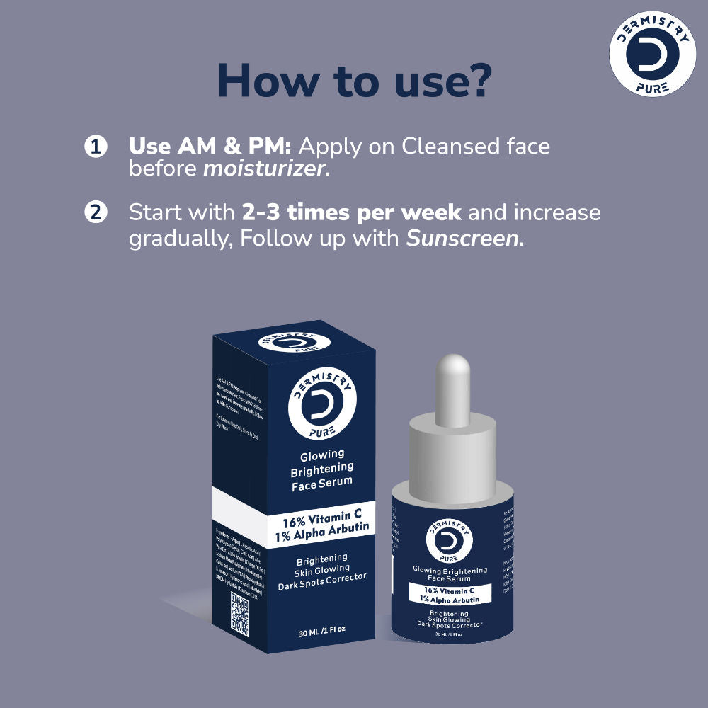 DERMISTRY 16% Vitamin C 1% Alpha Face Serum For Dark Spots Dull Skin Tone Glowing Skin Fairness