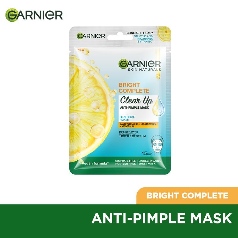 Garnier Bright Complete Anti Pimple Sheet Mask With Salicylic Acid, Niacinamide & Vitamin C Serum