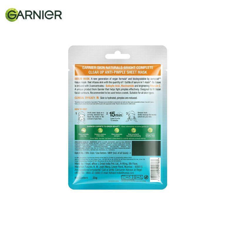 Garnier Bright Complete Anti Pimple Sheet Mask With Salicylic Acid, Niacinamide & Vitamin C Serum