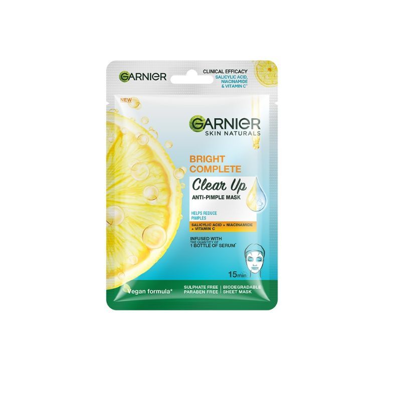 Garnier Bright Complete Anti Pimple Sheet Mask With Salicylic Acid, Niacinamide & Vitamin C Serum