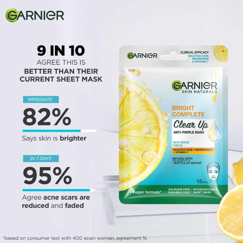 Garnier Bright Complete Anti Pimple Sheet Mask With Salicylic Acid, Niacinamide & Vitamin C Serum