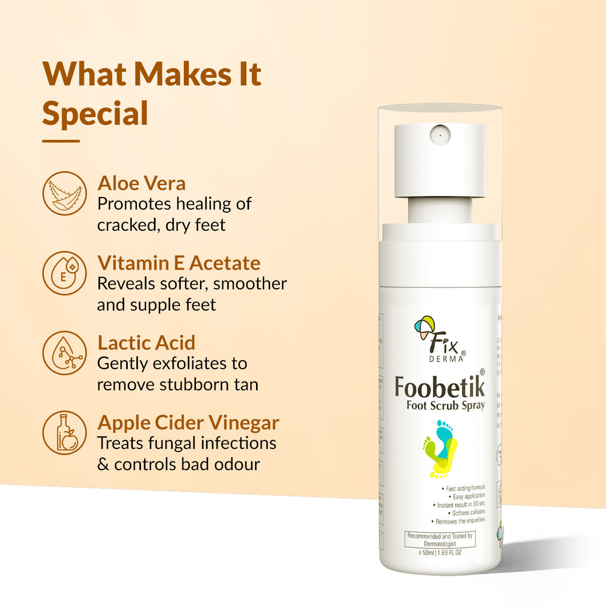 Fixderma Foobetik Foot Scrub Spray with 5% Lactic Acid & Shea Butter for Smooth Heels