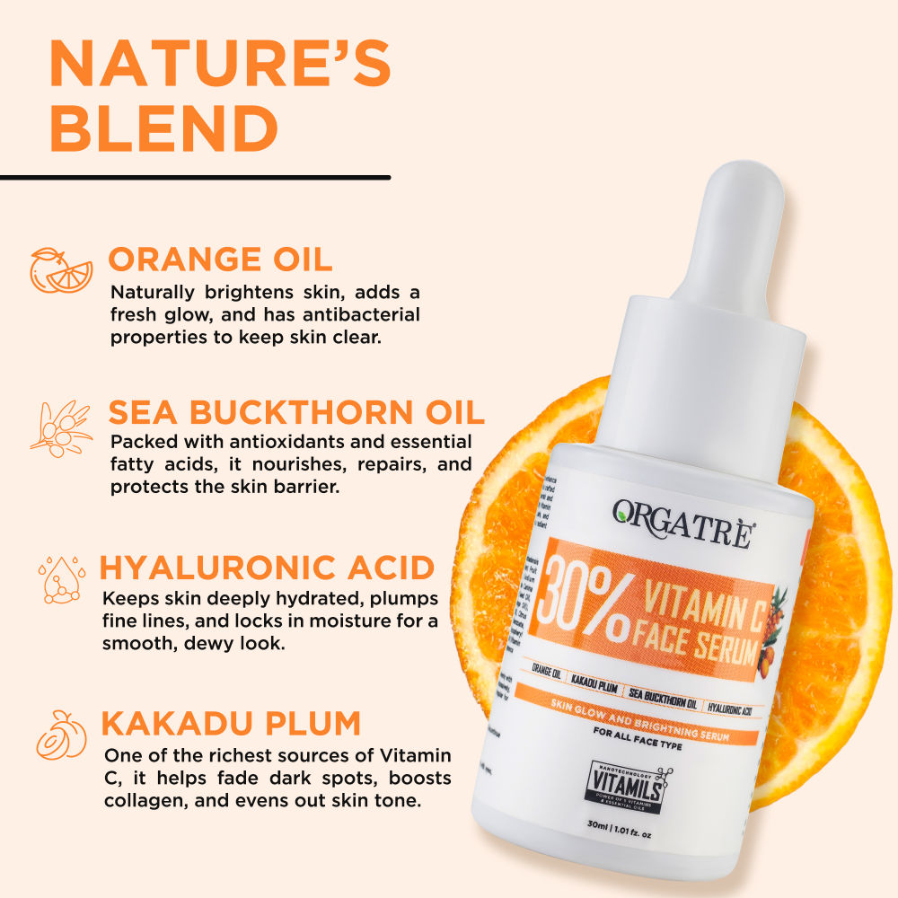 Orgatre 30% Vitamin C Face Serum With Hyaluronic Acid – Skin Glowing & Brightening Serum