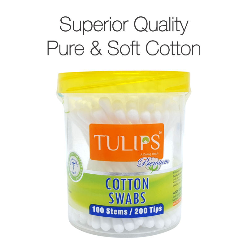 Tulips Premium Paper Stick Pure & Soft Cotton Ear Buds/ Swabs Jar (100 Sticks / 200 Tips)