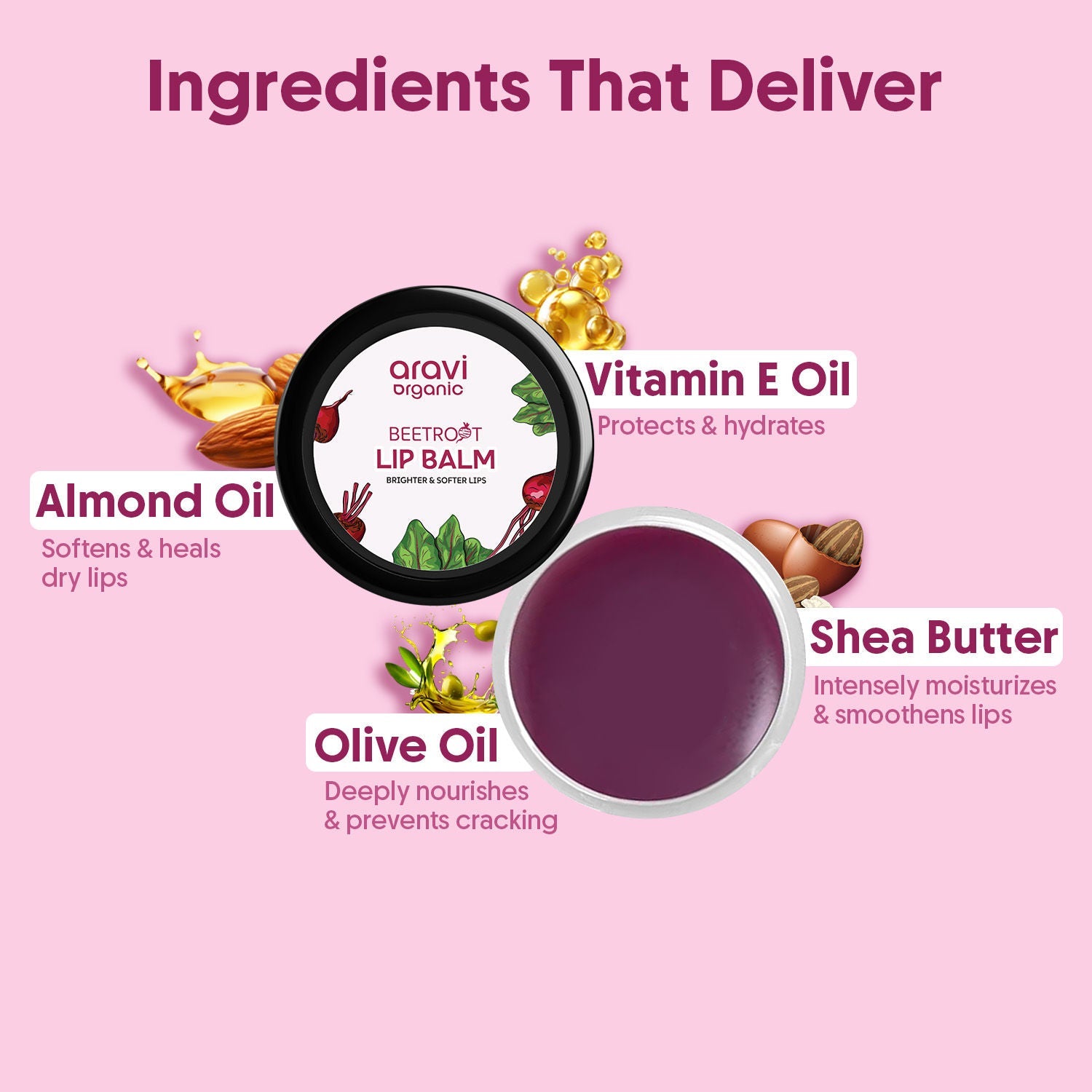 Aravi Organic Beetroot Lip Balm With Beetroots, Shea Cocoa Butter For Dry & Chapped Lips