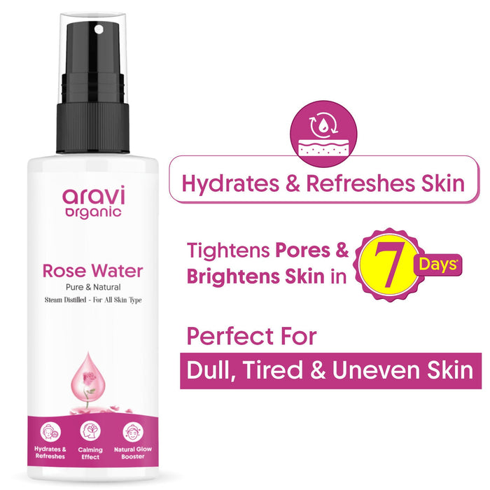 Aravi Organic 100% Pure Rose Water Face Toner Spray, Steam Distilled, For Skin & Hair, Gulab Jal