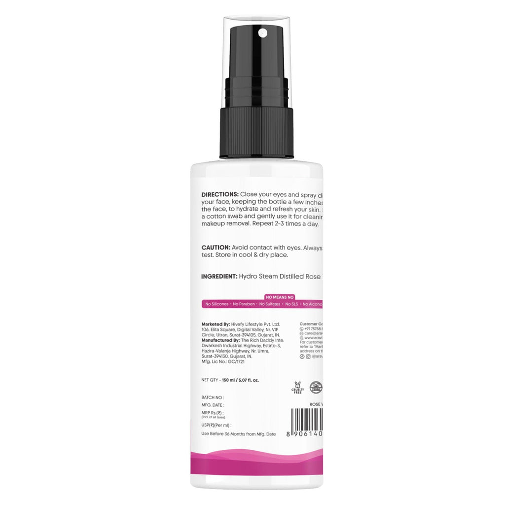 Aravi Organic 100% Pure Rose Water Face Toner Spray, Steam Distilled, For Skin & Hair, Gulab Jal