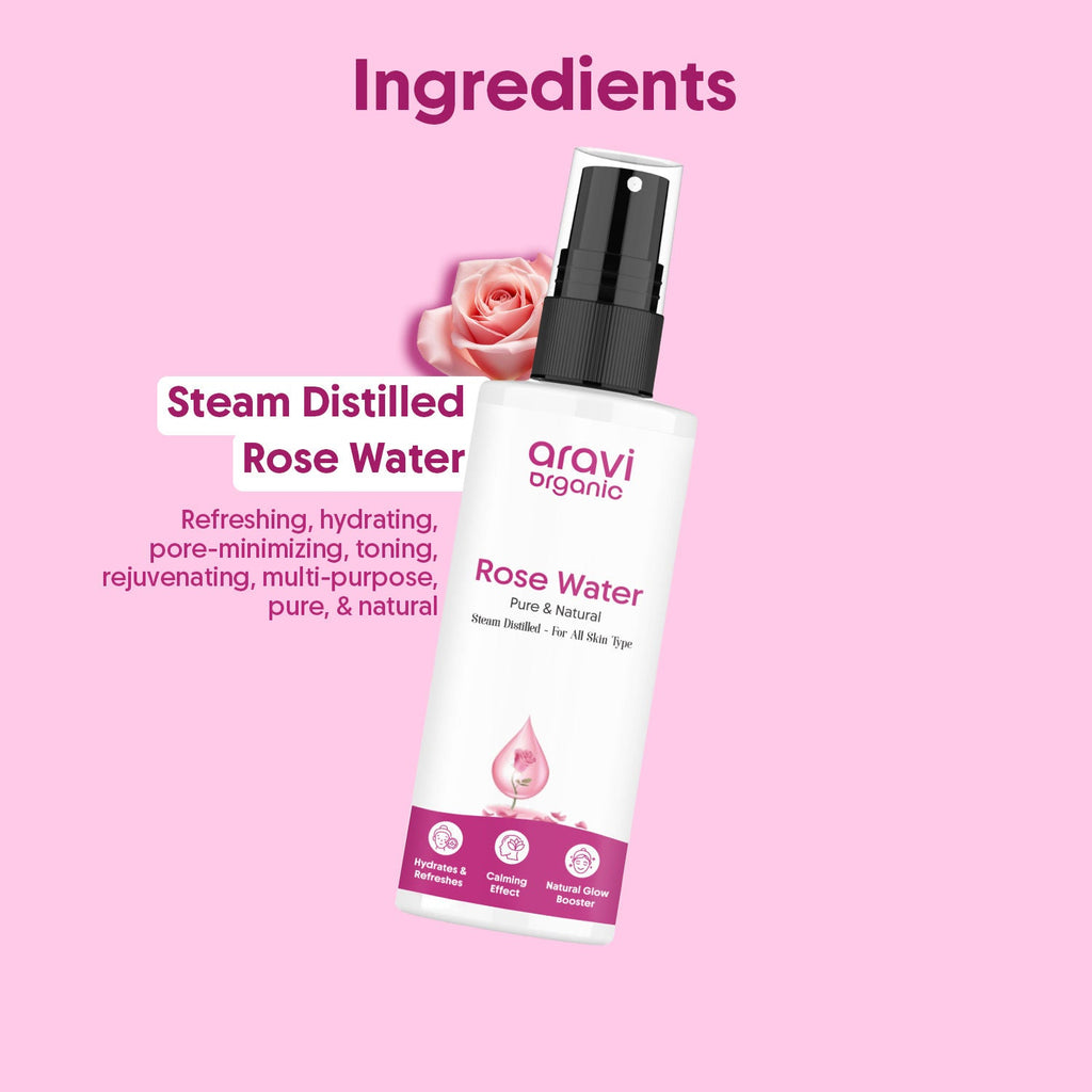 Aravi Organic 100% Pure Rose Water Face Toner Spray, Steam Distilled, For Skin & Hair, Gulab Jal