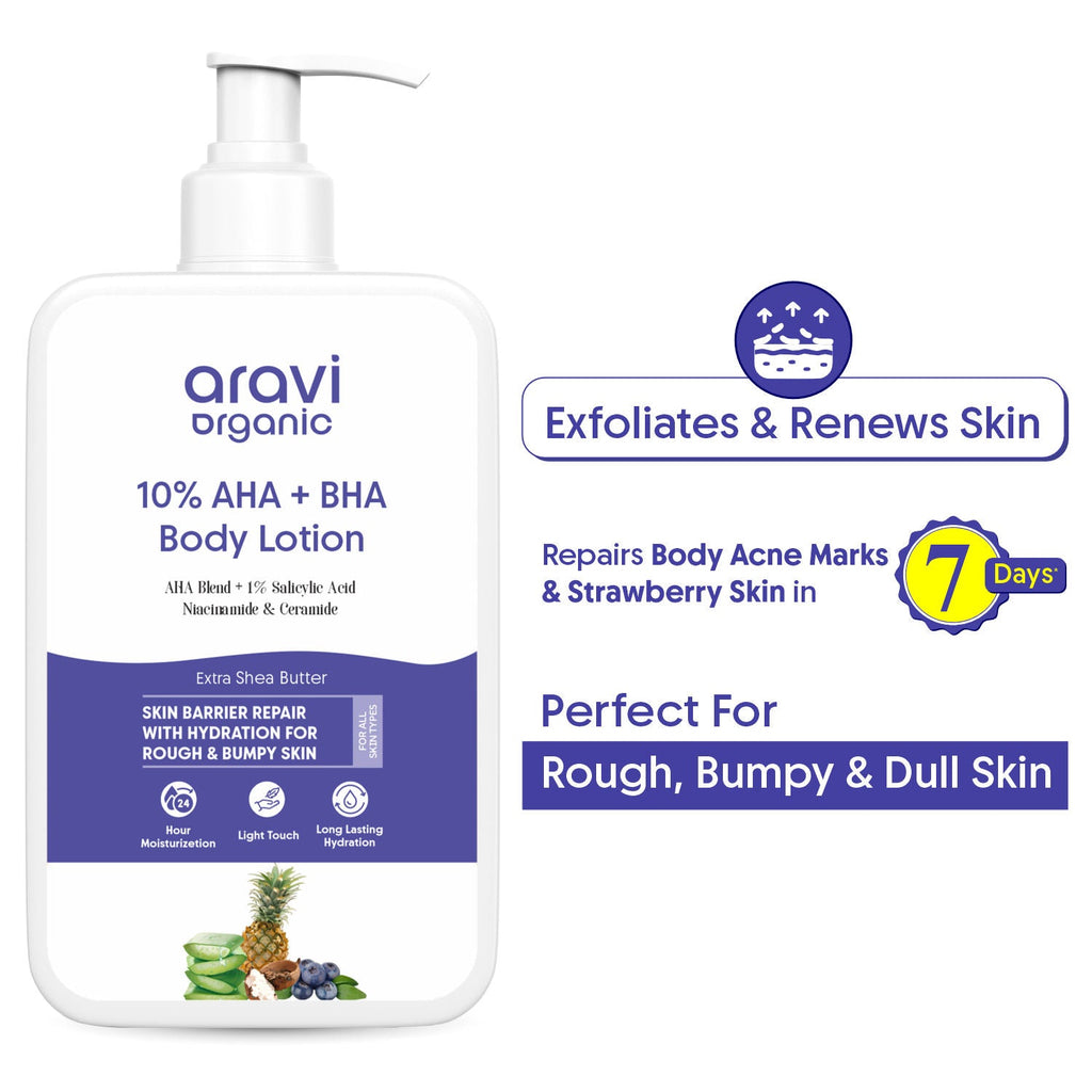 Aravi Organic 10% AHA + 1% BHA Body Lotion, Brightening, Tan Removal & Strawberry Skin For Dry Skin