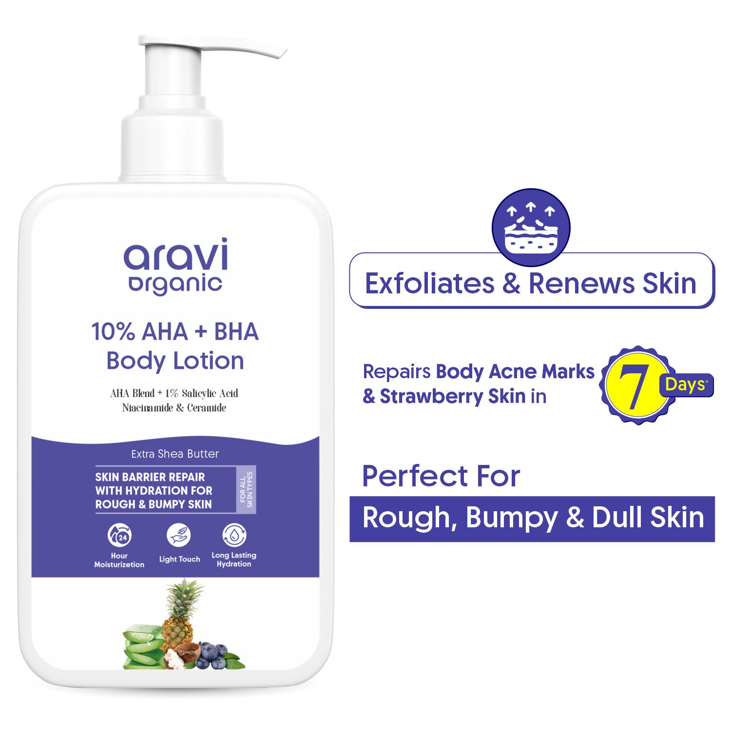 Aravi Organic 10% AHA + 1% BHA Body Lotion, Brightening, Tan Removal & Strawberry Skin For Dry Skin